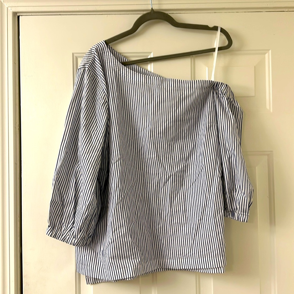 Ralph Lauren Blue/White CottonStriped 3/4 Sleeve Off One Shoulder Blouse NWT